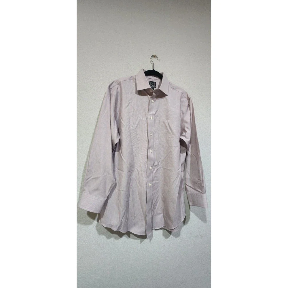 Jos. A. Bank Mens Dress Shirt White Brown Stripe Long Sleeve Pocket Size 16-32